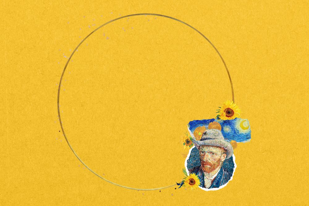 Round gold frame yellow background, editable Van Gogh's self-portrait collage design, remixed by rawpixel