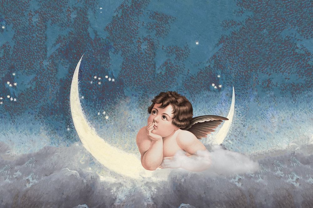 Editable vintage cherub, aesthetic crescent moon design, remixed by rawpixel