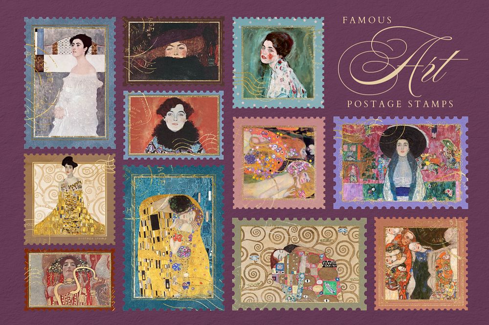 Gustav Klimt's postage stamp, editable famous artwork design set, remixed by rawpixel