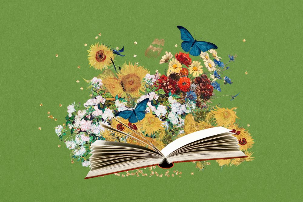 Editable book collage, famous flower painting design, remixed by rawpixel