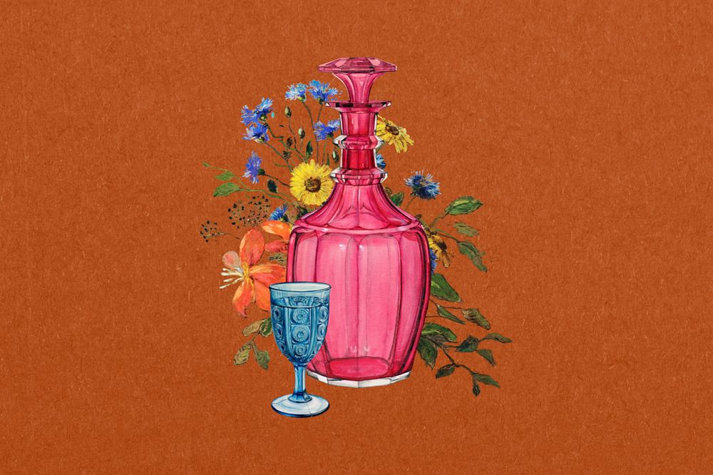 Floral pink bottle orange background, customizable design. Famous art remixed by rawpixel.