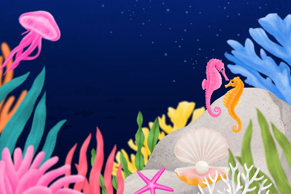 Coral reef, colorful background, editable illustration border