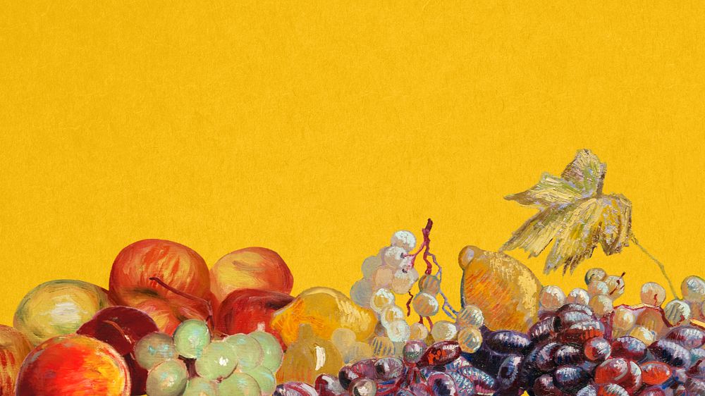 Fruits border yellow desktop wallpaper, editable vintage famous painting design, remixed by rawpixel