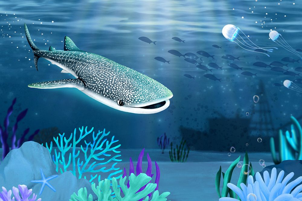 Whale shark, blue background, customizable aesthetic illustration remix