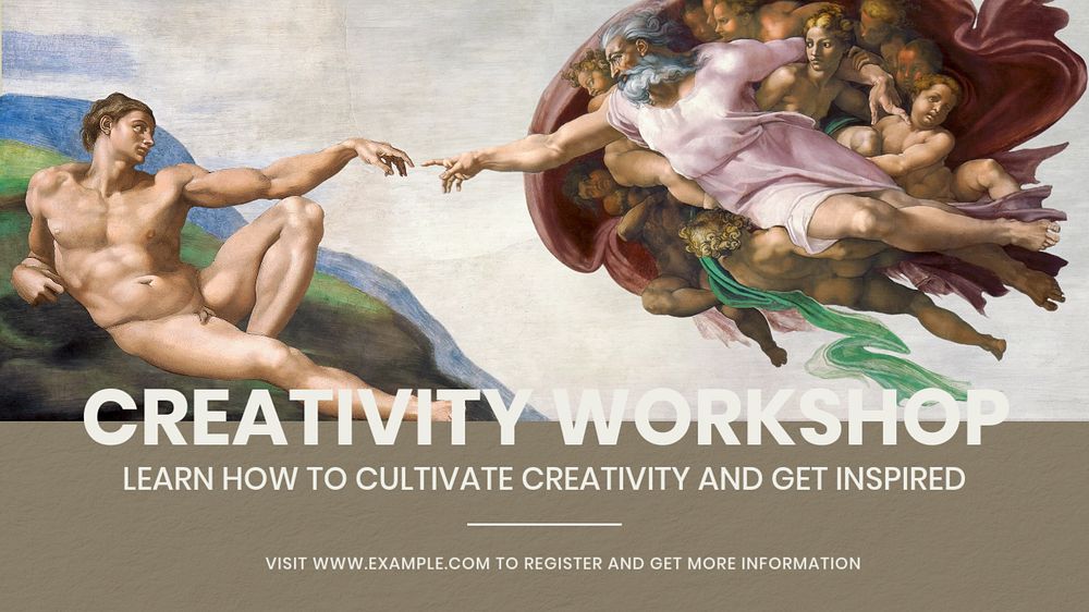 Creativity workshop blog banner template, editable  design. Famous artwork by Michelangelo, remixed by rawpixel.