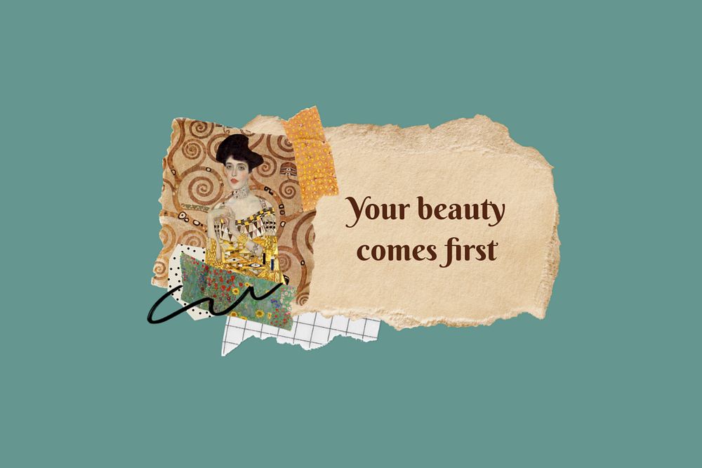 Ripped vintage motivational quote paper, editable Gustav Klimt's famous painting collage design, remixed by rawpixel