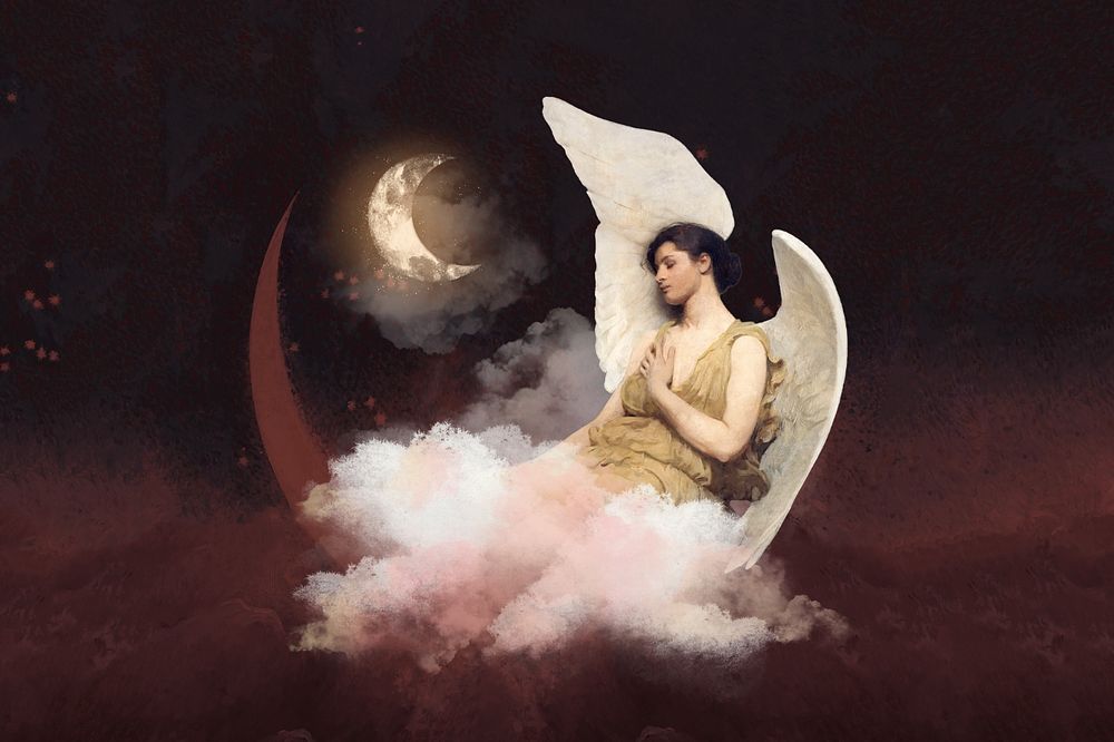 Aesthetic vintage angel, editable crescent moon night sky design, remixed by rawpixel