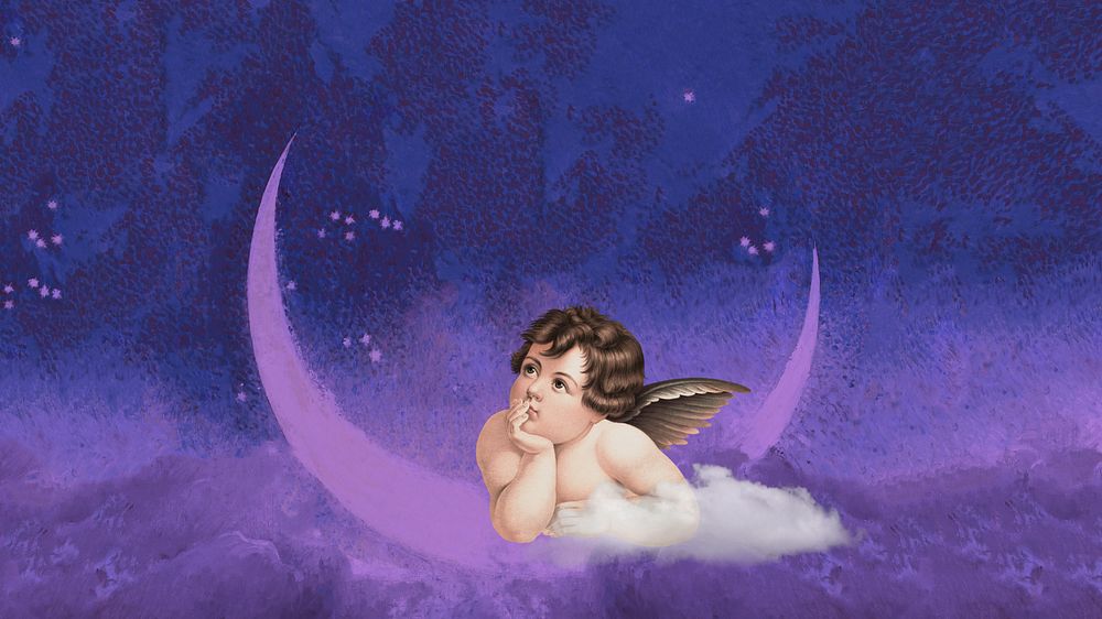 Editable vintage cherub, aesthetic crescent moon design, remixed by rawpixel