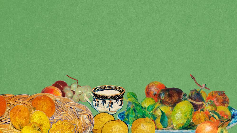 Fruits border green desktop wallpaper, editable vintage famous painting design, remixed by rawpixel