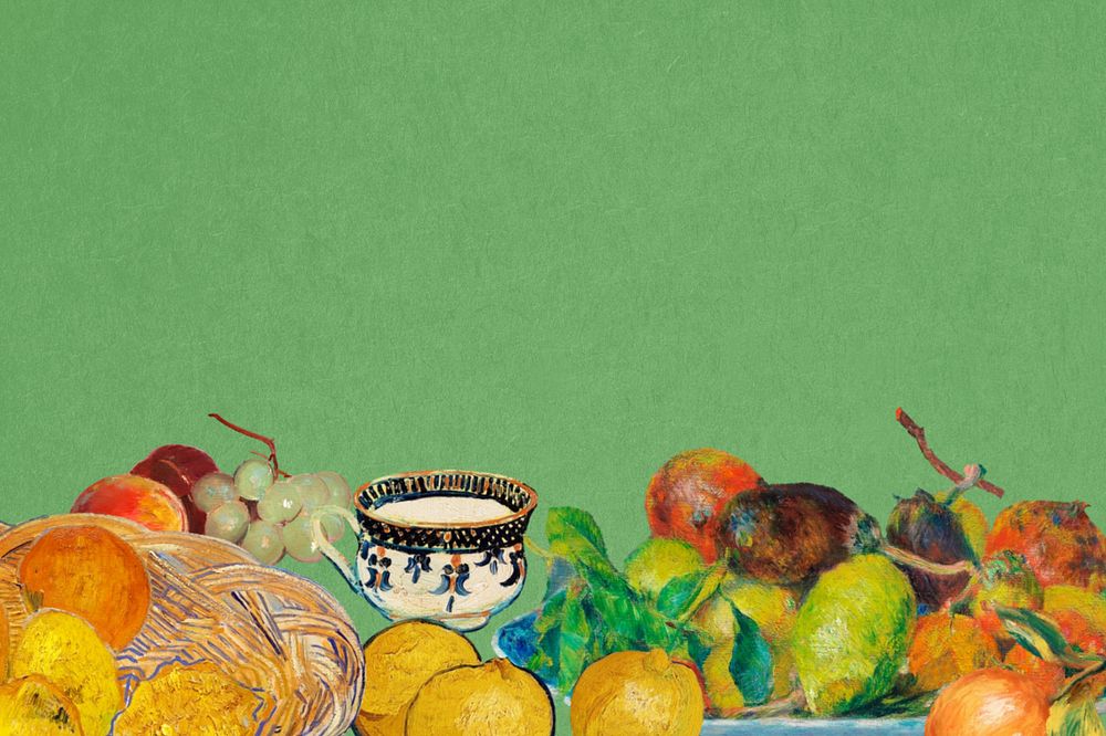 Vintage fruit border green background, editable famous painting design, remixed by rawpixel