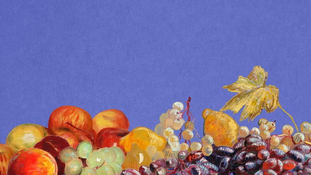 Fruits border blue desktop wallpaper, editable vintage famous painting design, remixed by rawpixel