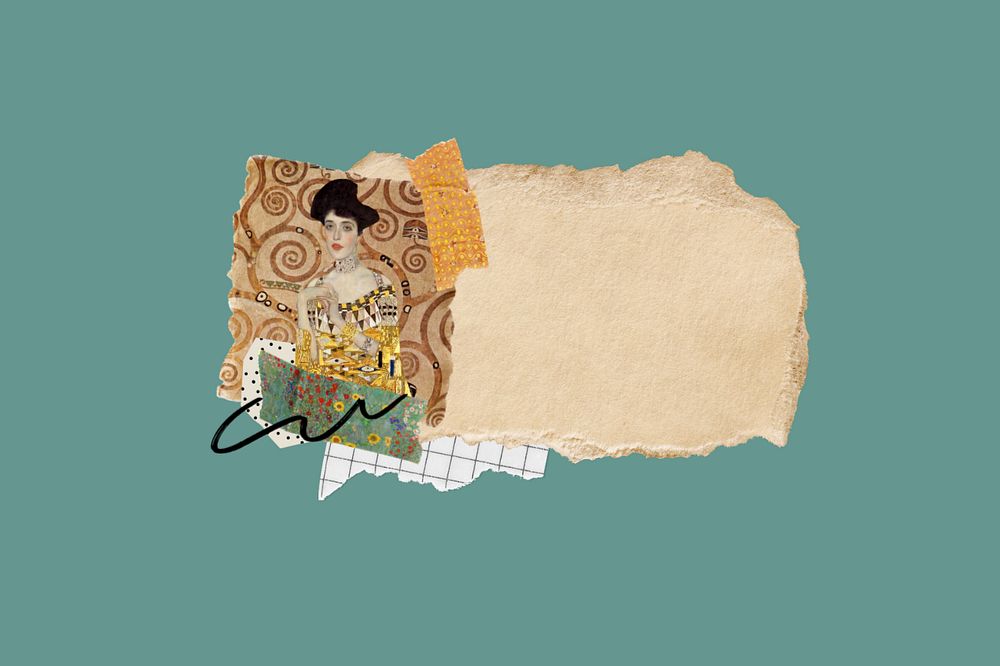 Editable ripped vintage paper, Gustav Klimt's famous painting collage design, remixed by rawpixel