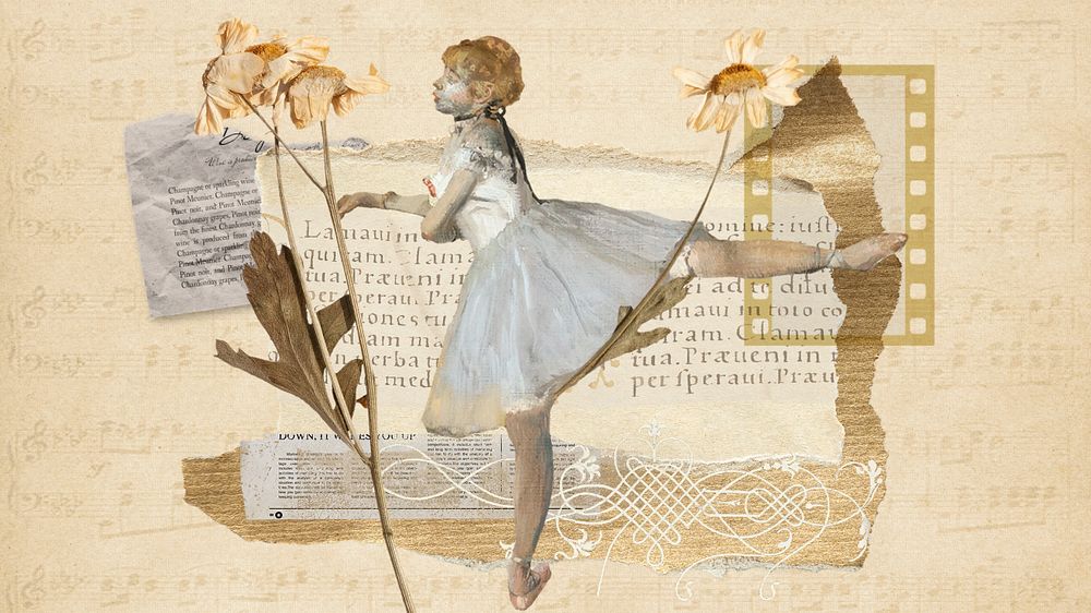 Ballerina aesthetic collage computer wallpaper, vintage paper textured background, editable design