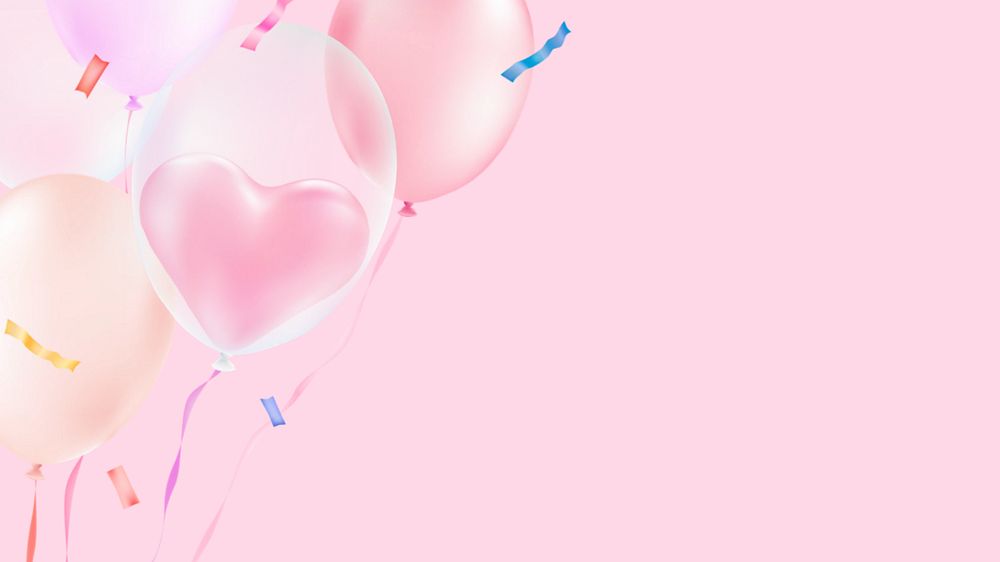 Pink heart balloons desktop wallpaper, editable cute design