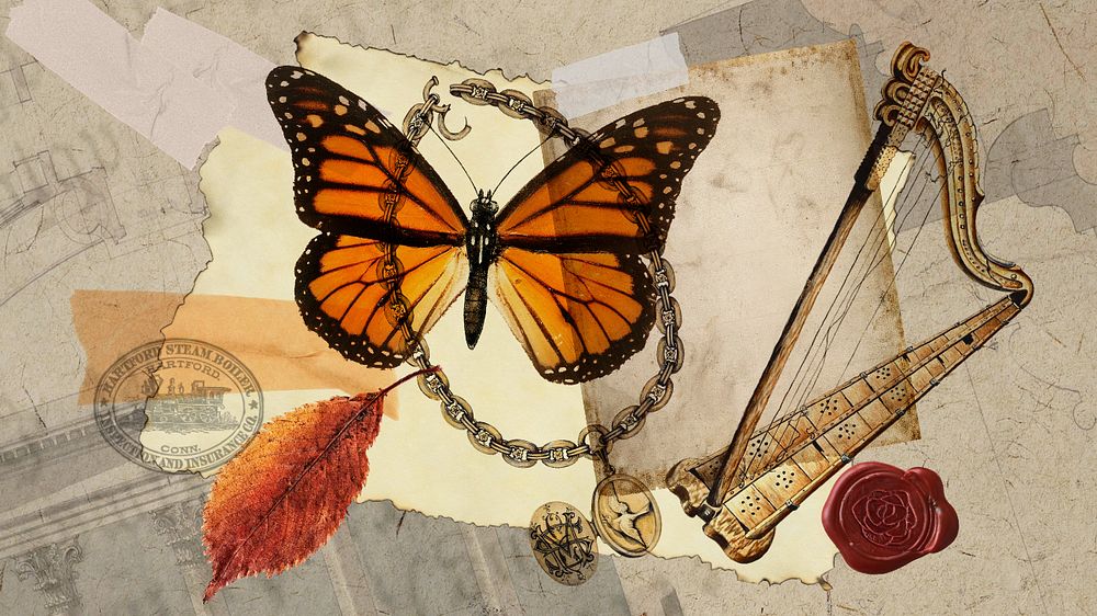 Vintage butterfly collage computer wallpaper, paper crafts background, editable design