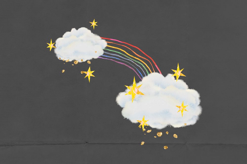 Sparkly rainbow clouds background, weather collage, editable design