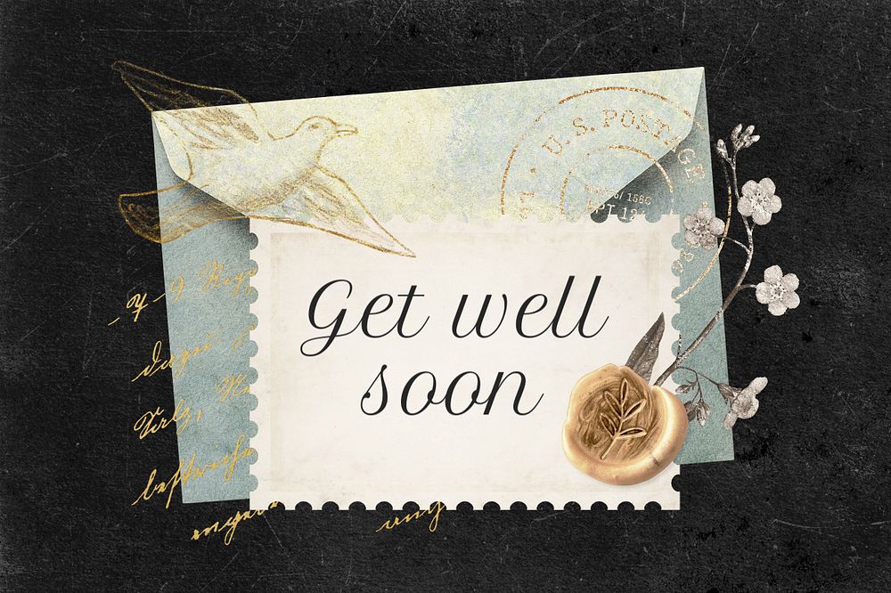 Editable get well soon postage stamp, ephemera collage remix design