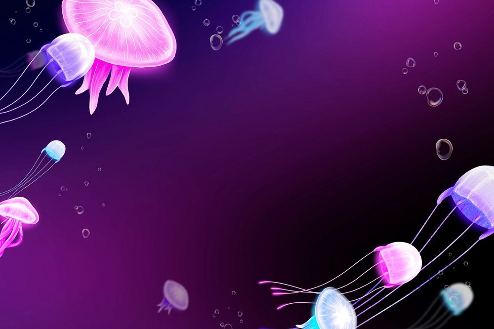 Neon jellyfish, purple background, editable illustration border