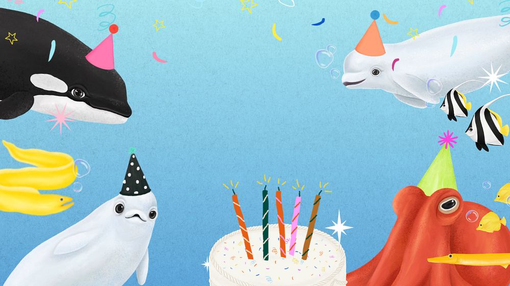 Sea animal birthday desktop wallpaper, customizable illustration background 