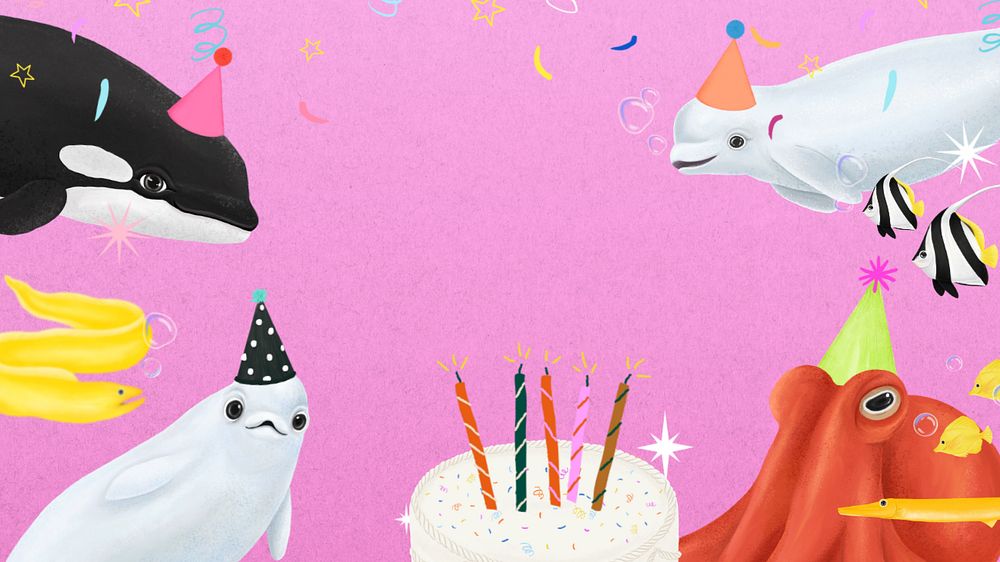 Sea animal birthday desktop wallpaper, customizable illustration background 