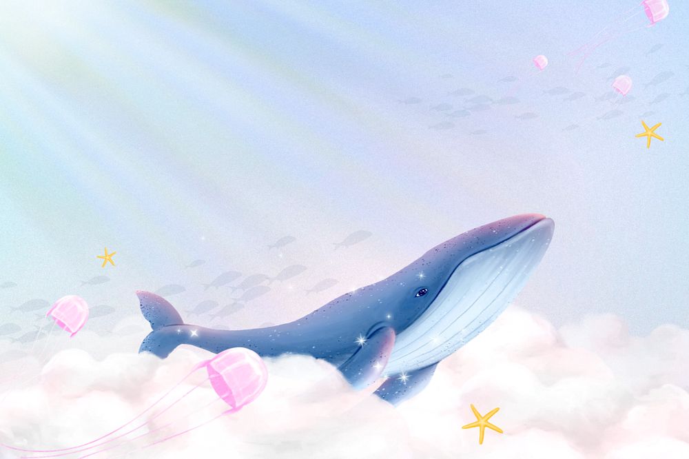 Fantasy cloud whale background, customizable aesthetic illustration remix