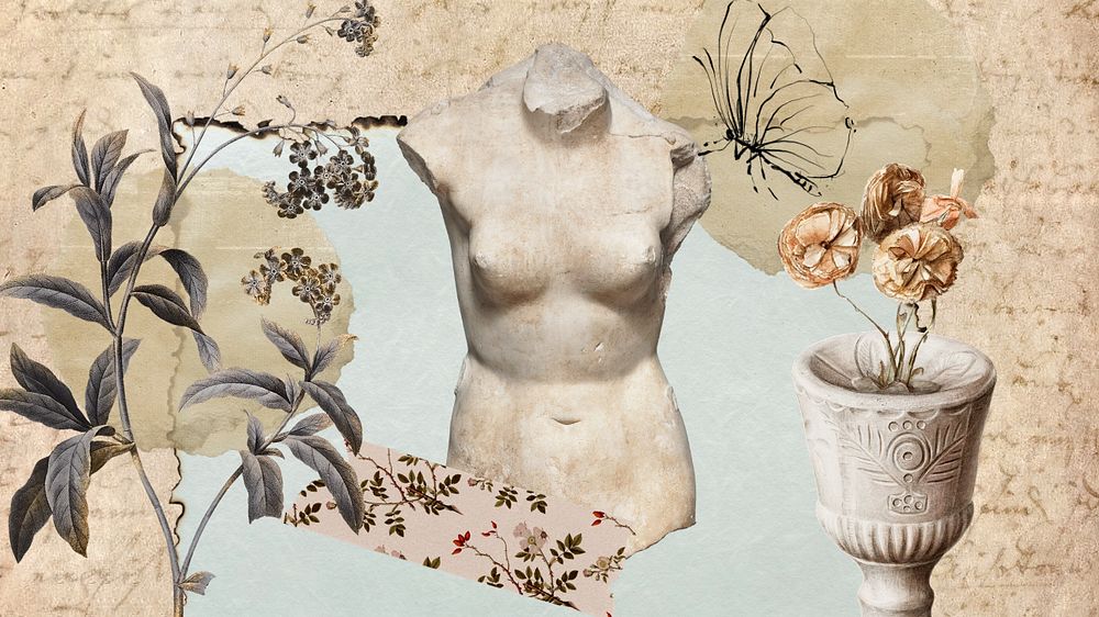 Greek sculpture collage desktop wallpaper, vintage background, editable design