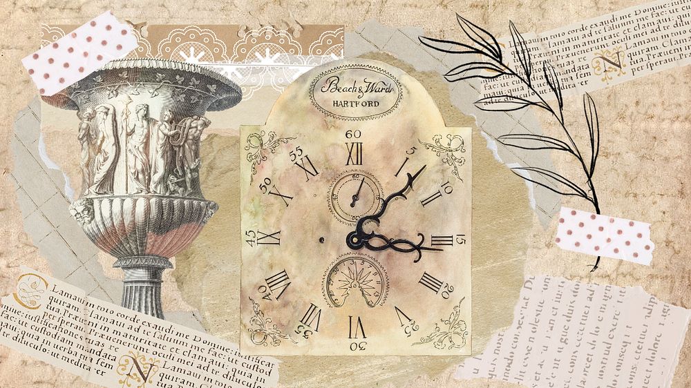 Antique objects collage computer wallpaper, ephemera background, editable design