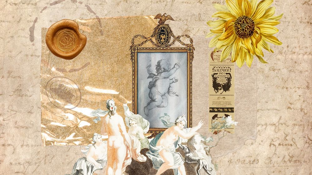 Vintage Greek cherub HD wallpaper, paper collage background, editable design