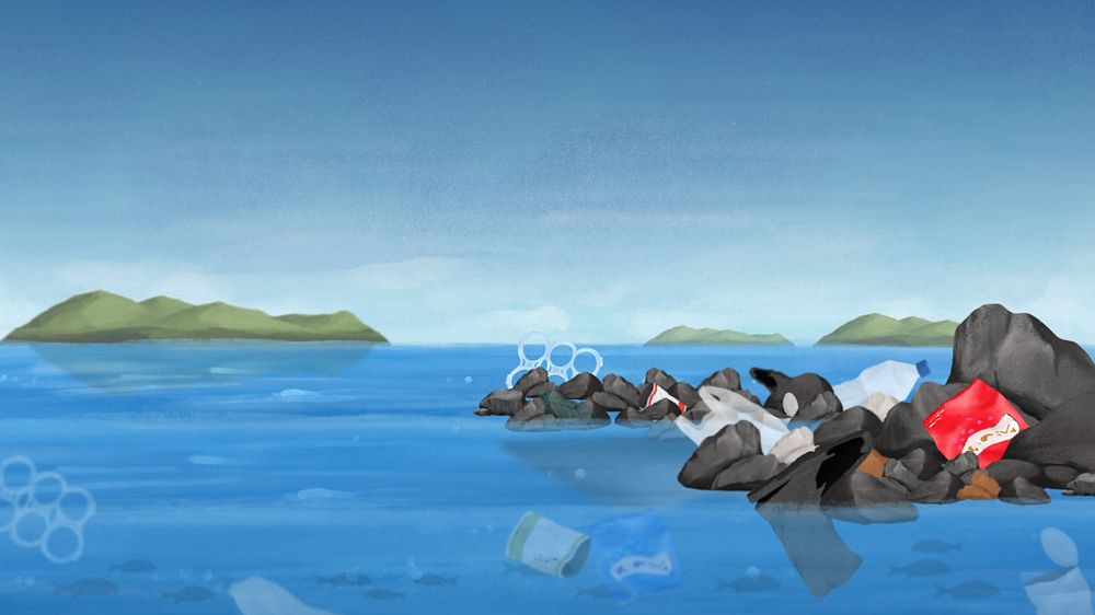 Ocean pollution desktop wallpaper, customizable illustration background 