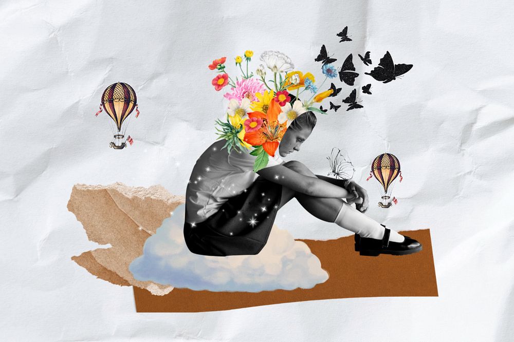 Student's mental health, surreal collage art, editable design