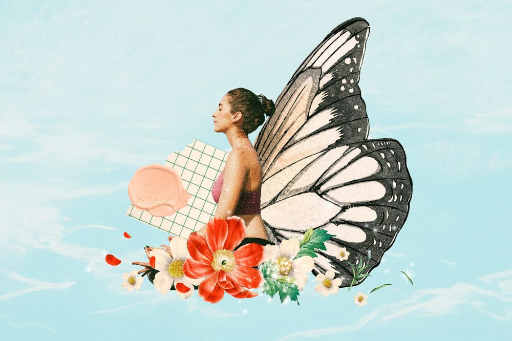 Surreal butterfly-winged woman, aesthetic floral remix, editable design