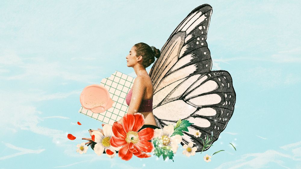 Surreal butterfly-winged woman desktop wallpaper, aesthetic floral remix background, editable design