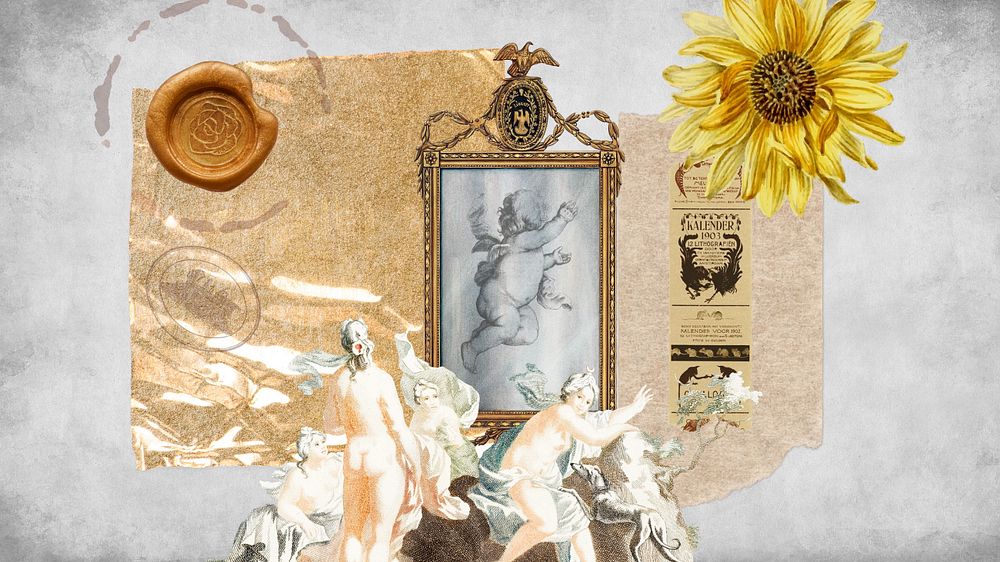 Vintage Greek cherub HD wallpaper, paper collage background, editable design