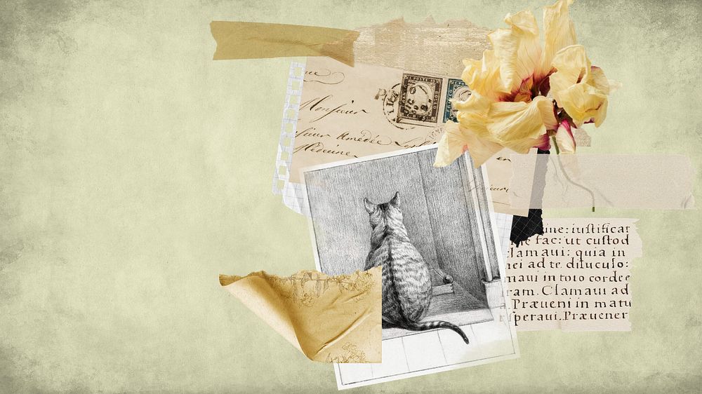 Vintage cat flower computer wallpaper, paper collage background, editable design