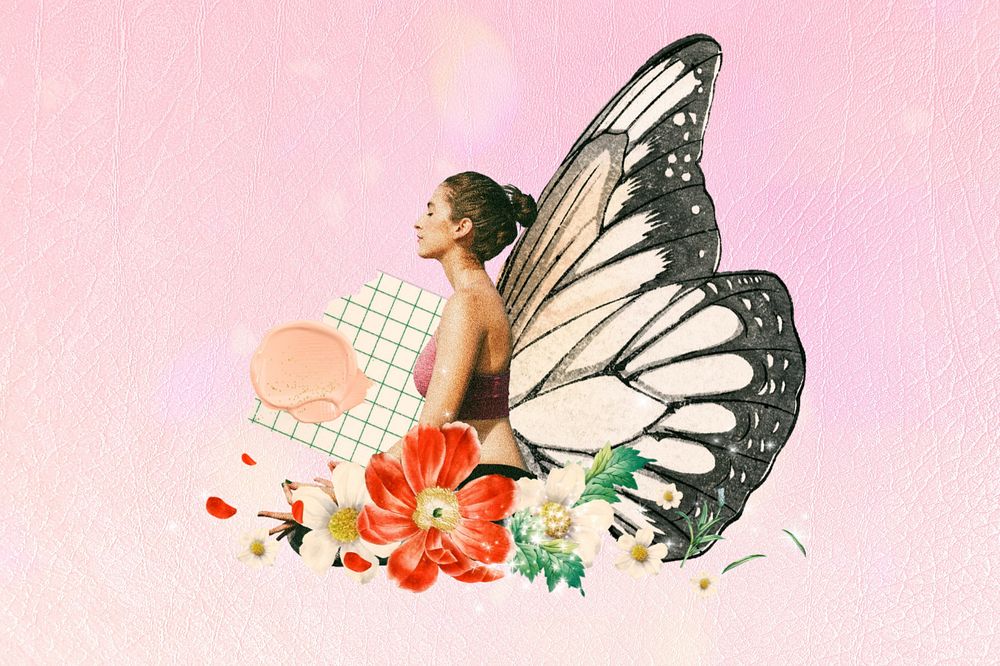 Surreal butterfly-winged woman, aesthetic floral remix, editable design