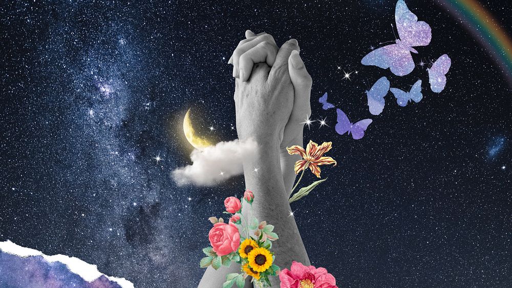 Couple holding hands desktop wallpaper, surreal flower remix, editable design