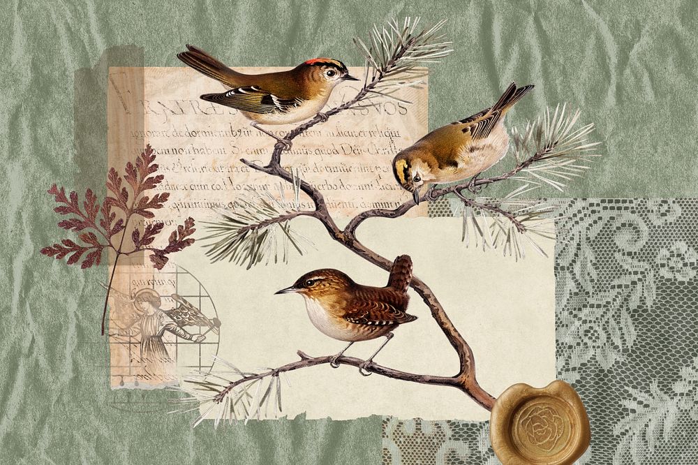 Autumn bird collage background, nature aesthetic, editable design