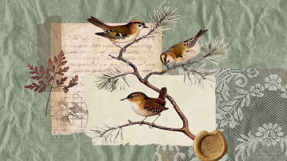 Autumn bird collage computer wallpaper, nature aesthetic background, editable design