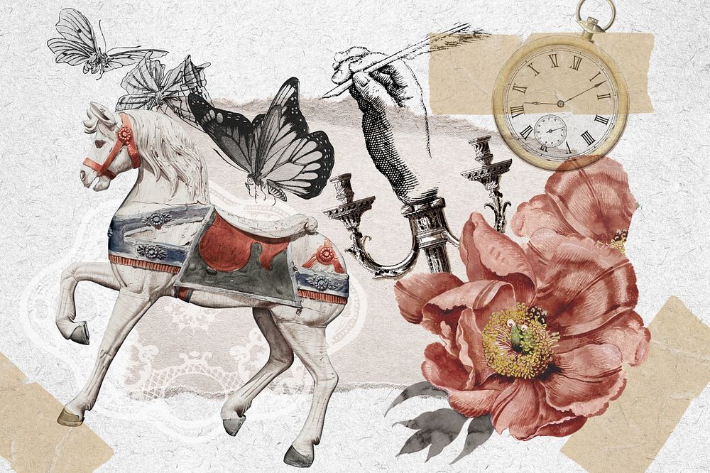 Aesthetic horse carousel background, vintage collage, editable design