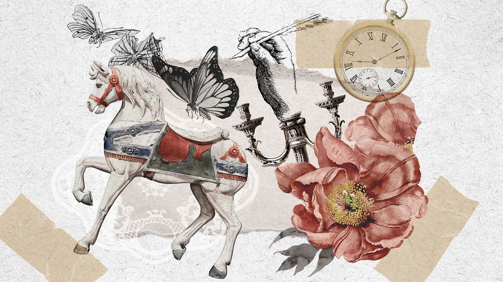 Aesthetic horse carousel desktop wallpaper, vintage collage background, editable design