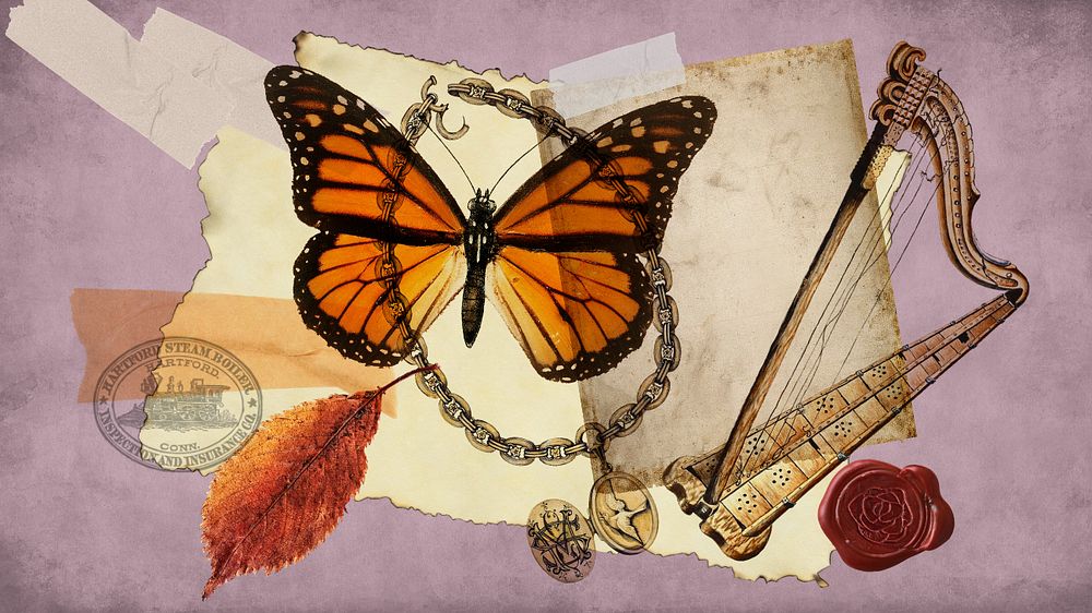 Vintage butterfly collage computer wallpaper, paper crafts background, editable design