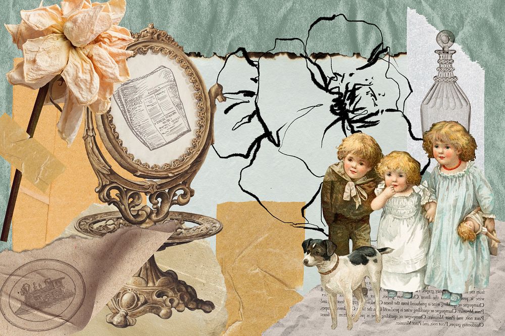 Antique objects collage background, ephemera style, editable design