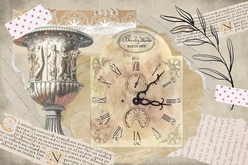 Antique objects collage background, ephemera style, editable design