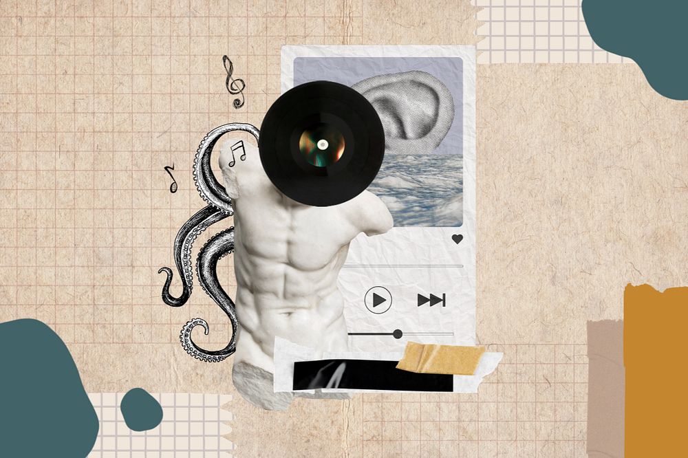 Greek God statue background, music collage, editable design