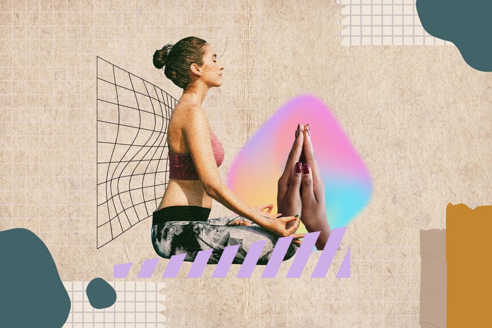 Meditating woman, health and wellness remix, editable design