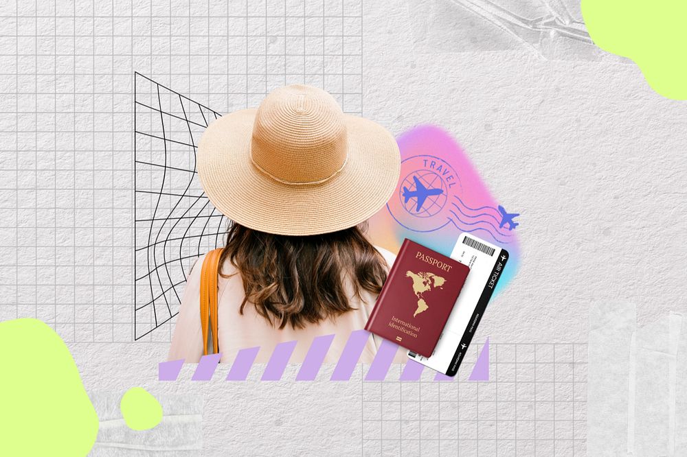 Woman with passport, creative travel remix, editable design