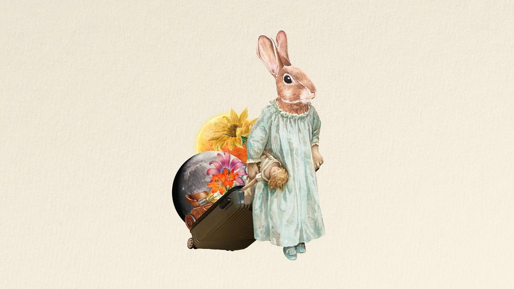 Editable rabbit anthropomorphic animal remix collage art, desktop wallpaper