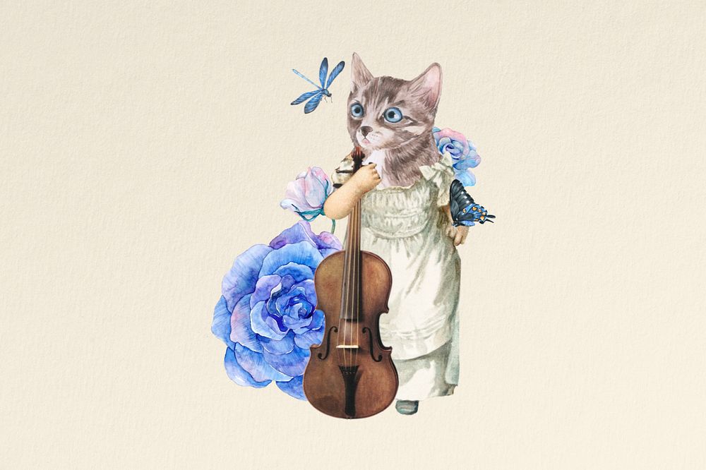 Editable anthropomorphic cat violinist collage