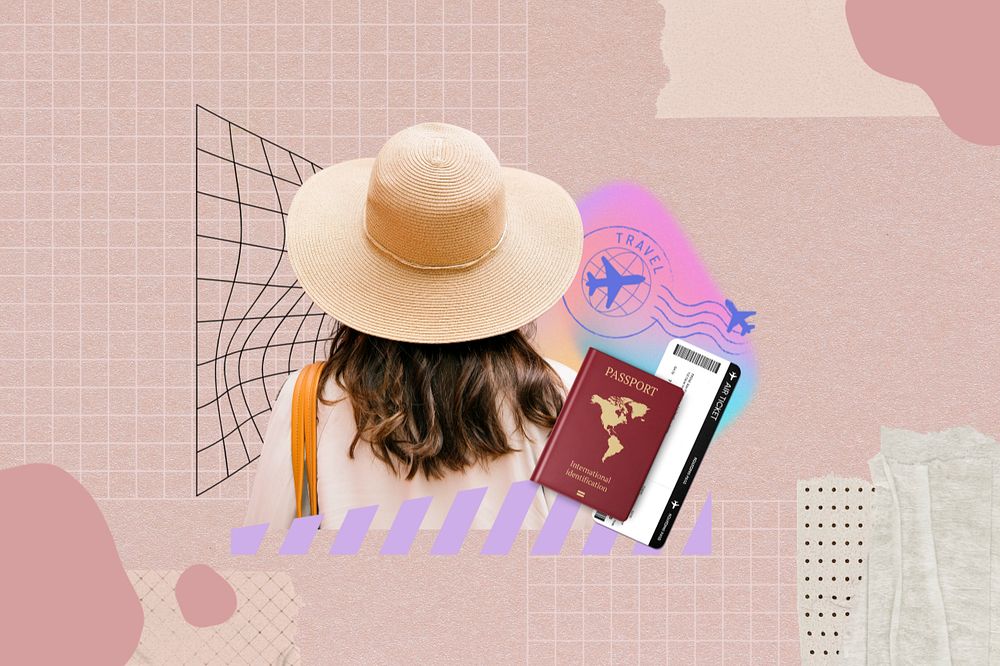 Woman with passport, creative travel remix, editable design