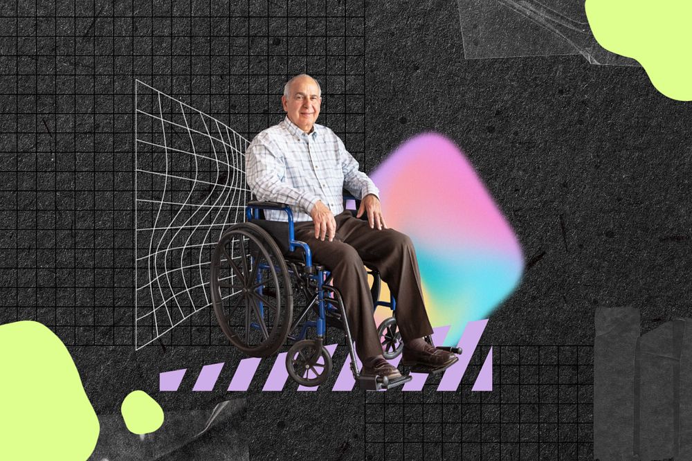 Senior man on wheelchair, healthcare remix, editable design